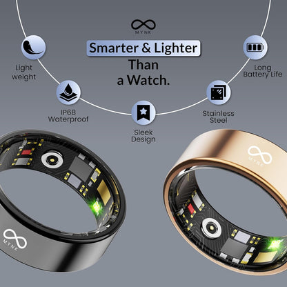 MYNK Alpha Smart Ring | Lightweight Stainless Steel | Sleep, Stress, HRV, BP, Blood Oxygen, Step & Calorie Count | IP68 Waterproof Ring | Samsung & Apple Health Compatible